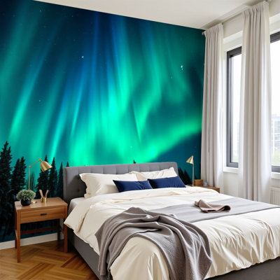 Papier peint auto-adhésif Northern Lights Forest Nature Aurora Borealis Winter Space Forest