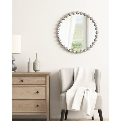 Miroir rond de 27 po de diamètre avec cadre en fer argenté et miroir