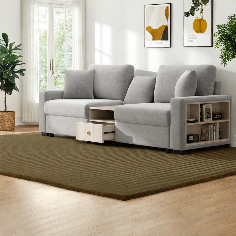Canapés en chenille gris spacieux, conception moderne avec accoudoirs de rangement pour le confort du salon