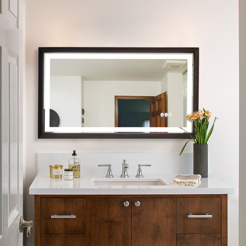 Wood Grain Aluminum Frame Led Frontlit Lighted Bathroom Vanity Mirror, Anti-fog/stepless Dimmable/3 Colors Adjustable