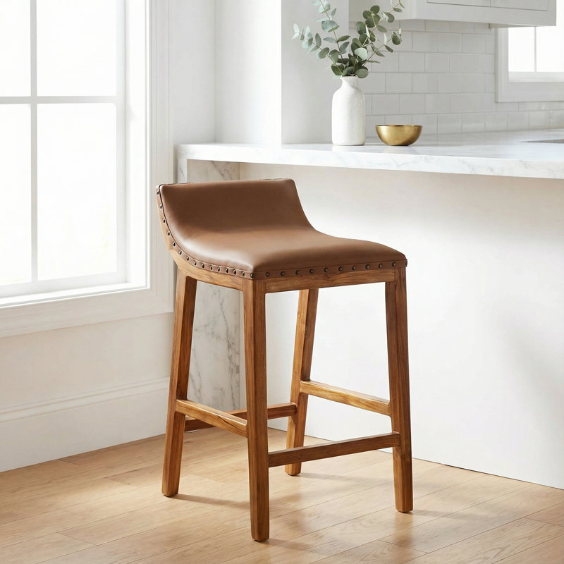  Tabouret avec siège en cuir véritable brun clair et base en bois de teck massif avec têtes de clous en laiton Luisa