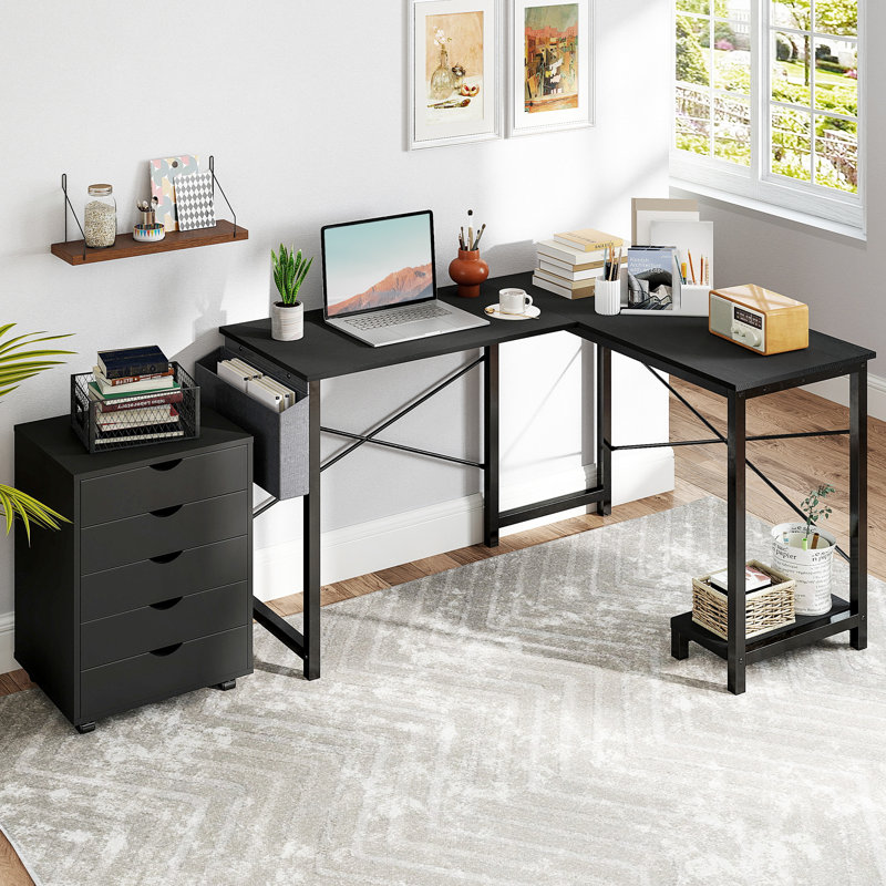 Office Set: L-Shaped Desk And 5 Drawers Mobile File Cabinet, Black