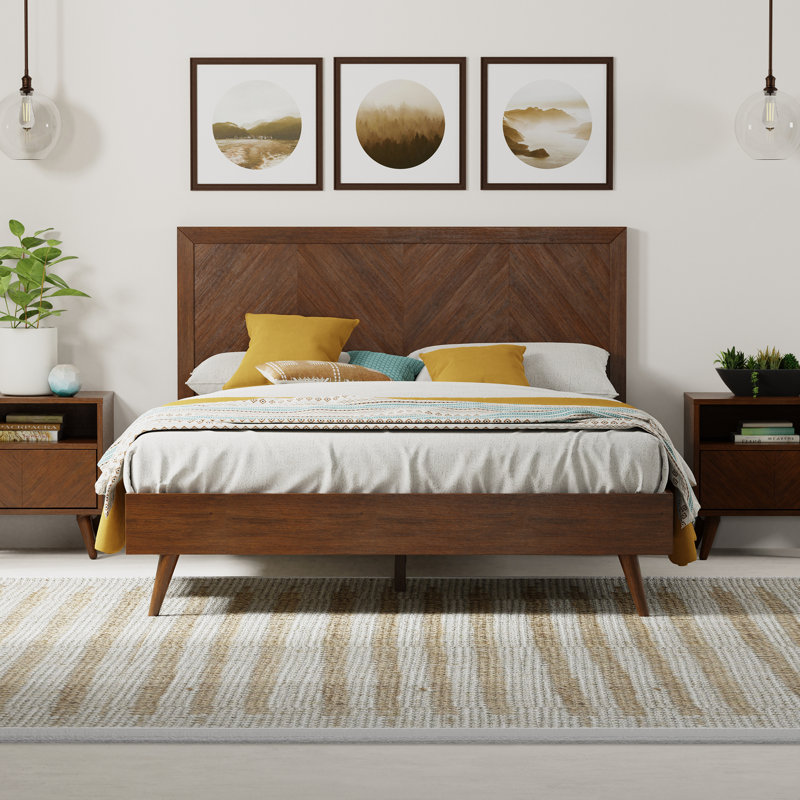 Aydelis Mid-Century Modern Solid Wood Low Profile Platform Bed with Headboard, Walnut, California King