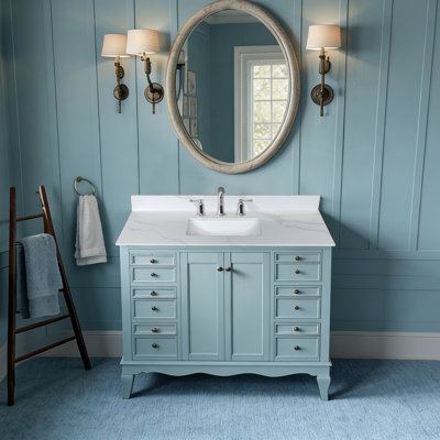 43-Inch Quartz Bathroom Vanity Top, 3/4" Thick With Undermount Single Bowl Middle Sink, 4 Inch High Backsplash, 3 Pre-Drilled Faucet Hole, Stain & Heat Resistant, Carrara White Quartz With Veins