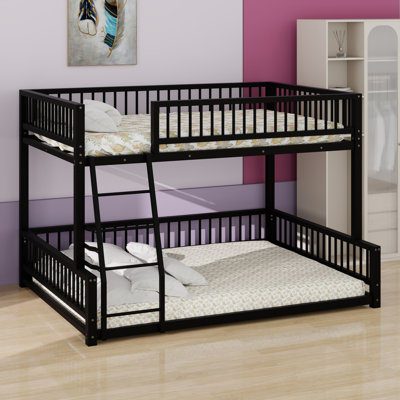 Floor Bunk Bed Frame With Ladder And Safety Guardrails