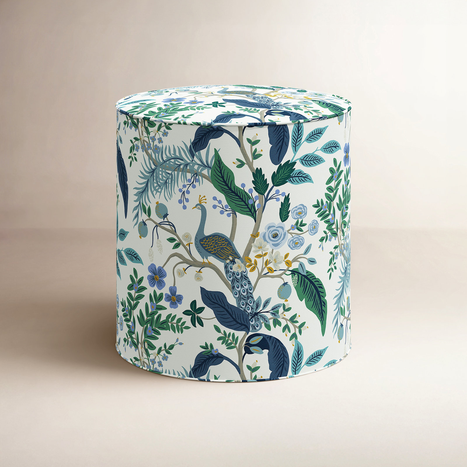 Rifle Paper Co. x Cloth & Company Billie Ottoman, Blue Peacock Linen Blend