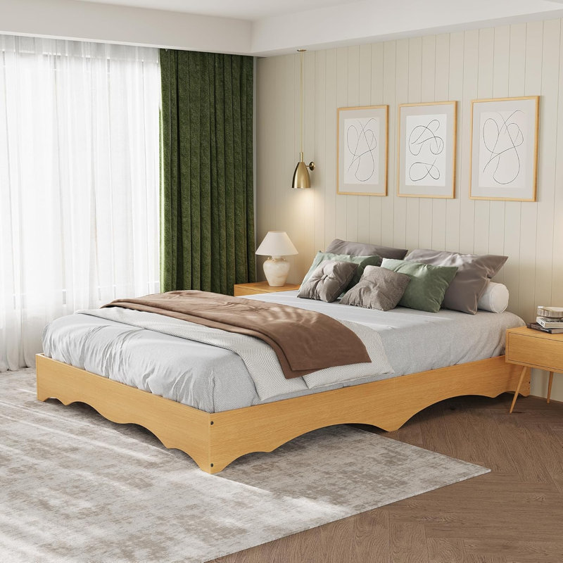 Structure de lit double en bois ondulé pleine grandeur, profil bas, lattes robustes, pin, Yellow, Full / Double