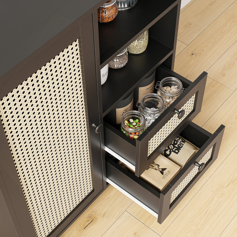 Buffet en rotin avec tablette réglable, buffet avec tiroirs pour le salon, la cuisine, le vestibule, Noir