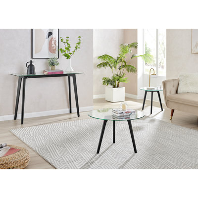 Sala 3 Piece Round Coffee Table Living Room Set - Scandinavian Style Glass and Wood Centre Table