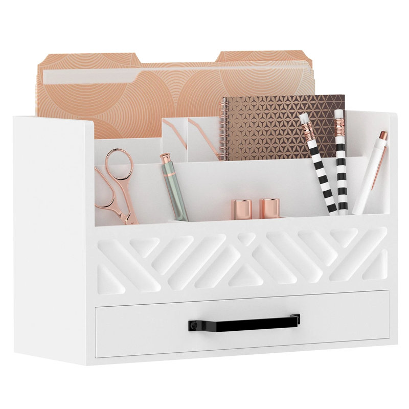 Organisateur de bureau en bois avec tiroir, support de courrier de bureau avec 5 compartiments, Blanc