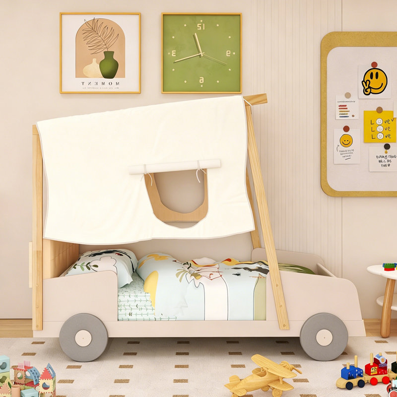 Wood Frame Twin Size Car Bed With Pillow, Ceiling Cloth, Twin