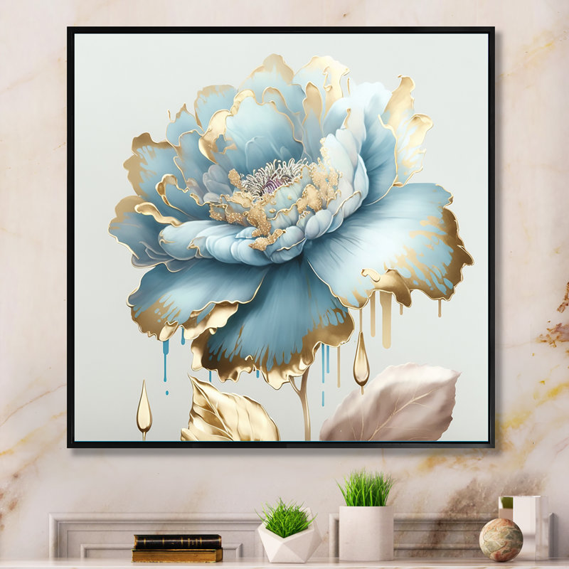 «Chic Blue Blooming Flower III», art mural fleurs, Cadre photo noir, L 16 po x H 16 po
