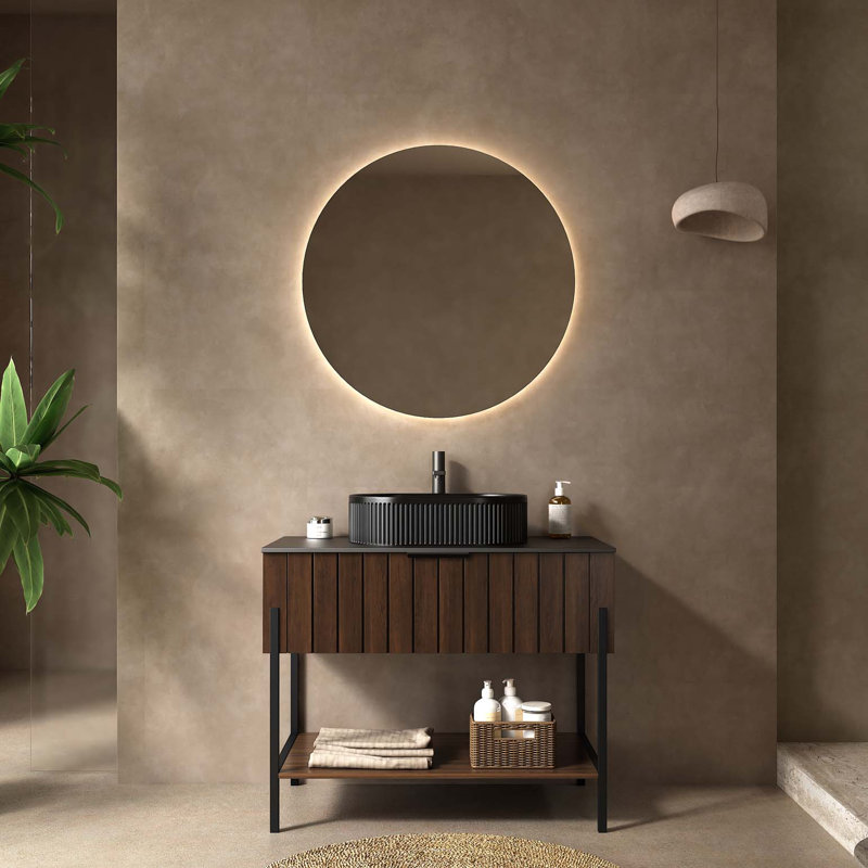 Meuble-lavabo de salle de bain 36 po avec lavabo, armoire de rangement autoportante rayée avec tiroir et structure de support en métal, tablette ouverte, lavabo en céramique noire, grain de bois noyer foncé