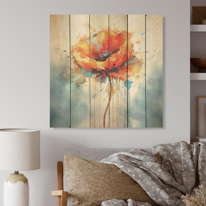 Vibrant Dancing Red Poppy - Art sur bois de coquelicot sur bois de pin naturel, H 30 po x l 30 po