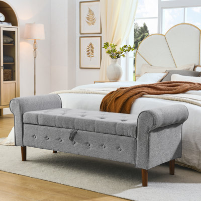 62" Bedroom Tufted Button Storage Bench, Modern Fabric Upholstered Ottoman, Window Bench with Rolled Arm Design by Lark Manor