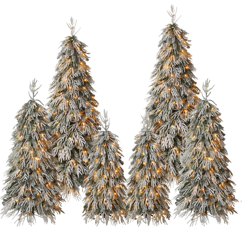 Ensemble de 6 sapins de Noël enneigés en cascade, sapins pleureurs floqués préilluminés avec télécommande, sapins de Noël fins de 1,20 m, 1,50 m et 1,80 m avec 8 modes d'éclairage pour la décoration intérieure des fêtes