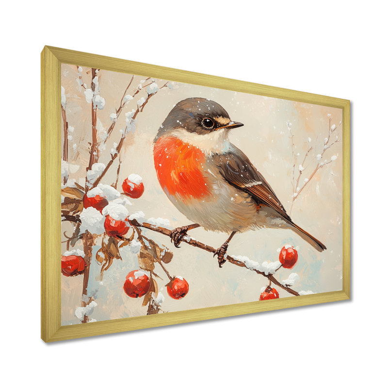 Oiseau hivernal dans la forêt IV - Art mural oiseau, H 34 po x l 44 po, Cadre simple, Or