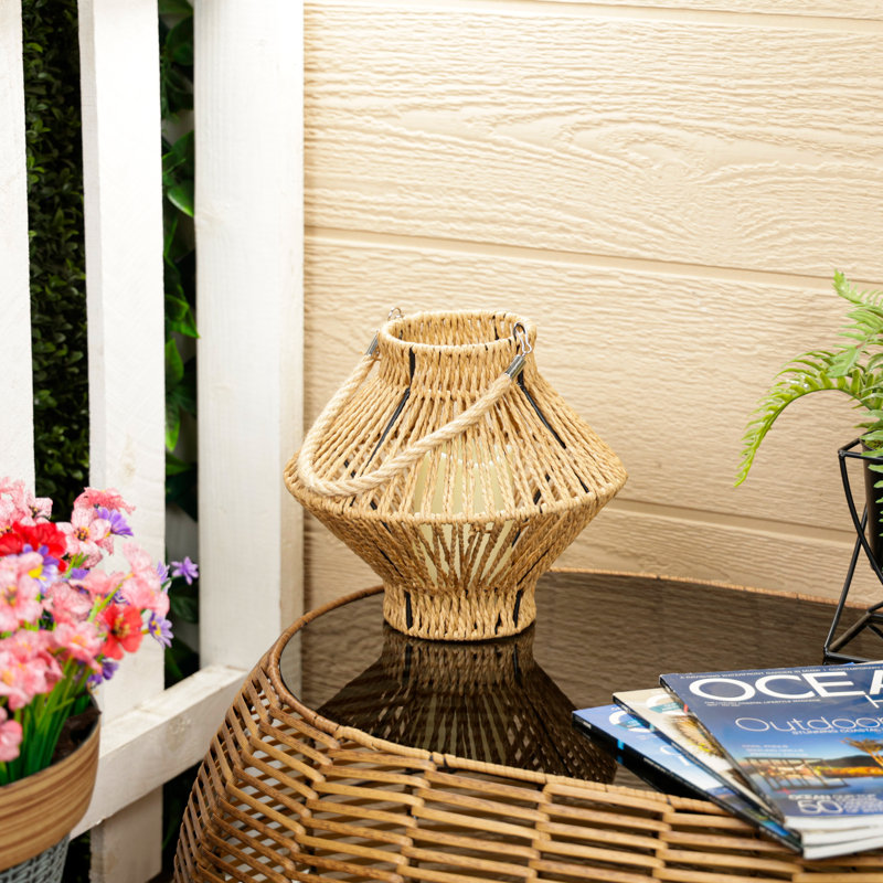 Lanterne suspendue tissée avec bougie DEL et minuterie, décoration de maison Boho, H 9 po, beige