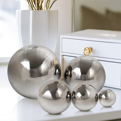 Mhirren Metal Stainless Steel Decorative Orbs with Silver Metallic Finish - Set of 5 (6", 5", 4", 3", 2") - Modern Home & Office Decor