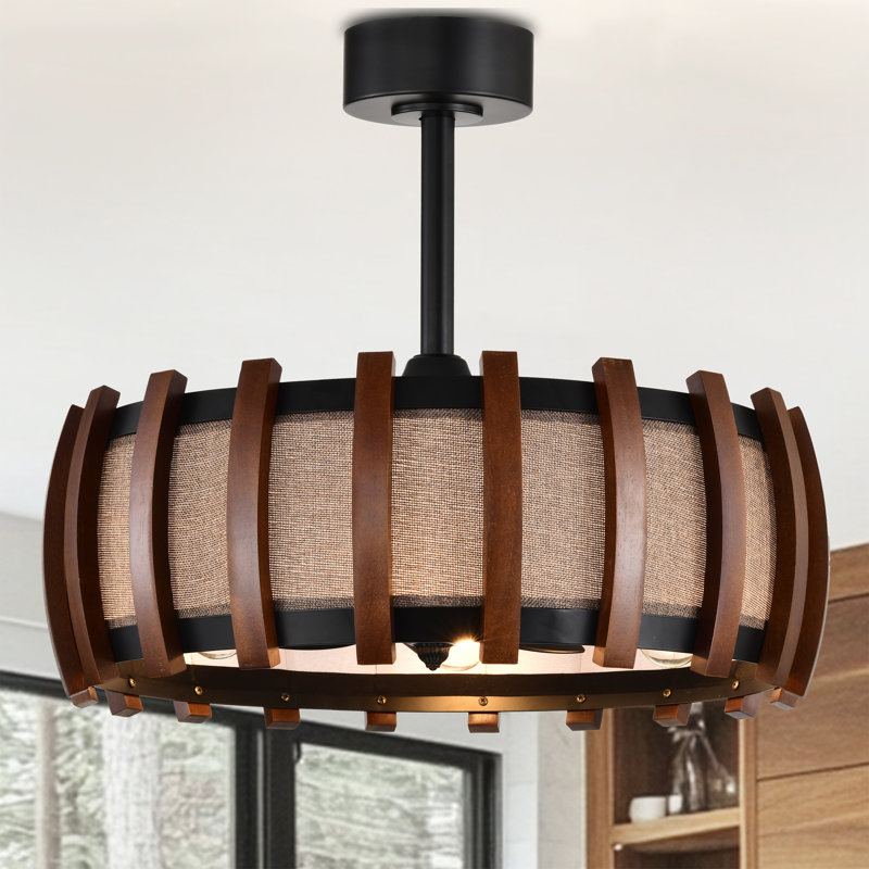Ventilateur de plafond lumineux en tissu et bois - brun