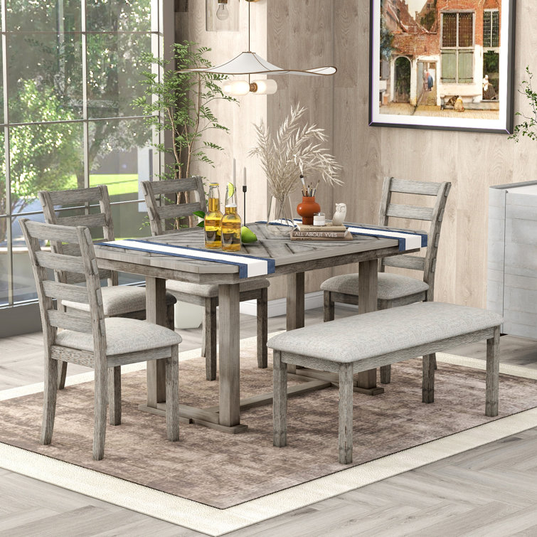 6 Piece Dining Table Sets, Modern 6 Person Dining Set with 1 Wood Dining Table and 4 Chairs & Bench for Dining Room, Kitchen, Family Furniture Set of