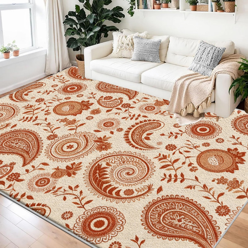 Orange Paisley area rugs for Living Room, Soft and Comfortable, Suitable for all seasons, easy to maintain, machine washable Indoor floor mat, Under Table Farmhouse suitable for Bedroom, Dining Room, Study,  Balcony, Home Decor Patio