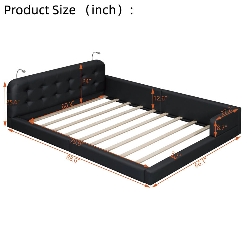 Lit plateforme ergonomique en similicuir avec 2 lampes de lecture, Noir