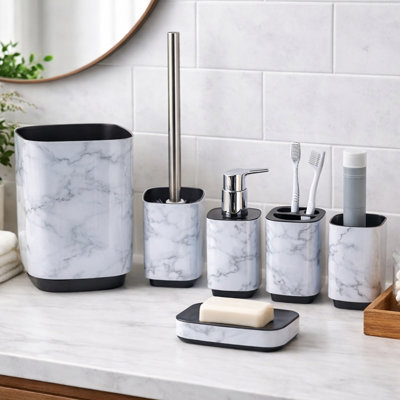 Ensemble d'accessoires de salle de bain en acrylique 6 pièces avec poubelle et pompe à savon