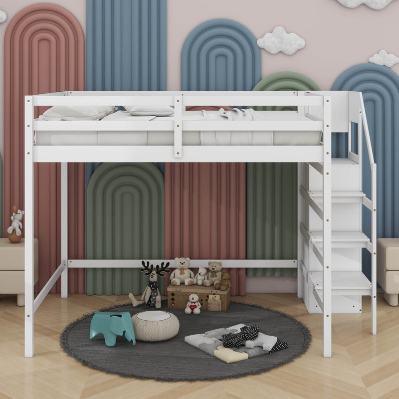 Lit mezzanine double avec armoire de rangement et escalier Jakema, Blanc