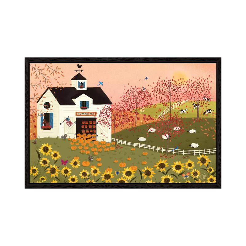 Folk Art Fusion IV by Joy Laforme - Painting on Canvas, 66.04cm H x 101.6cm W x 3.81cm D, Black Framed