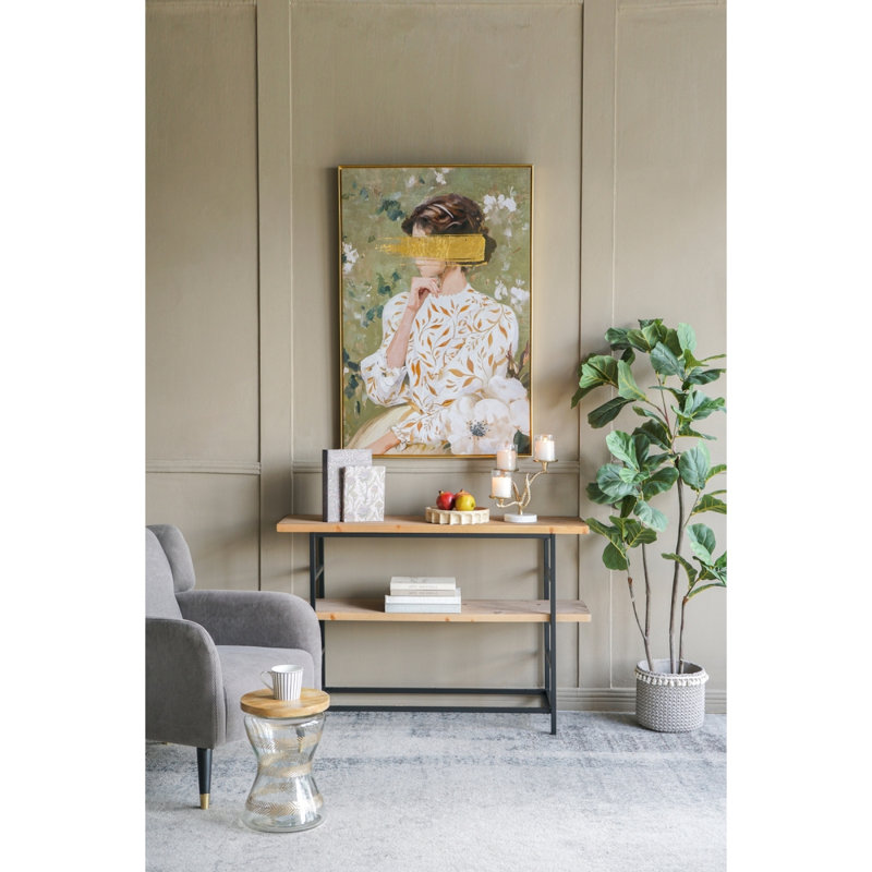 Console 48 po x 16 po x 32 po à 2 niveaux en bois et fer avec cadre noir et tablette de rangement, industriel / moderne / minimaliste