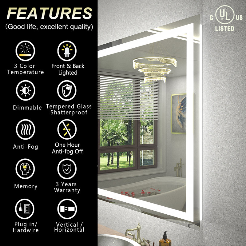 Wayfair Basics® UL Certified Front & Back LED Anti-Fog Tempered Glass Bathroom/Vanity Mirror with 3-Year Warranty, 60" x 28"