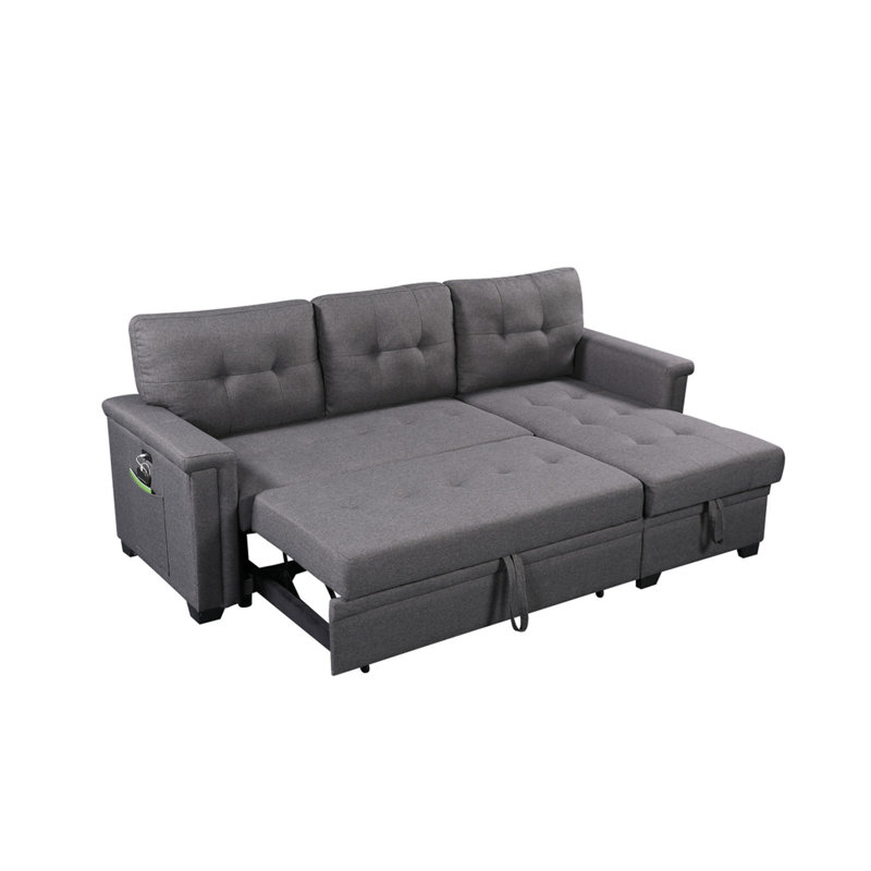 Ashlyn 84" Dark Gray Reversible Sleeper Sectional Sofa With Storage Chaise, Dark Gray Linen