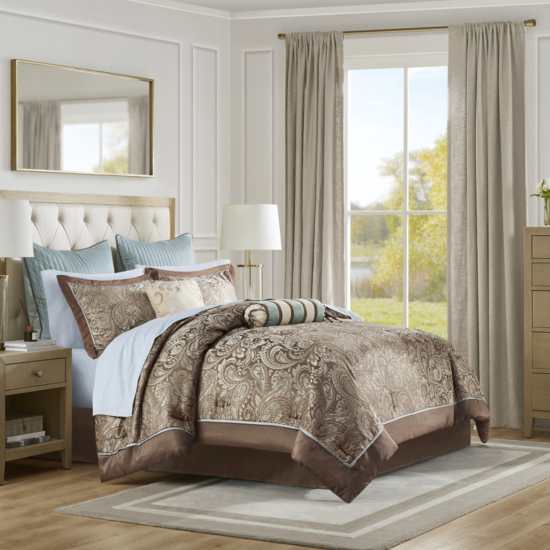 Couette 12 pièces King - Bleu/brun avec draps en coton 200 fils et magnifique motif cachemire