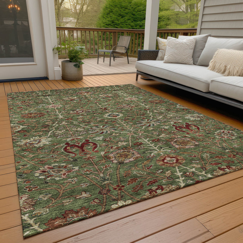 Green and Red Floral Synthetic Washable 5' x 7' Area Rug