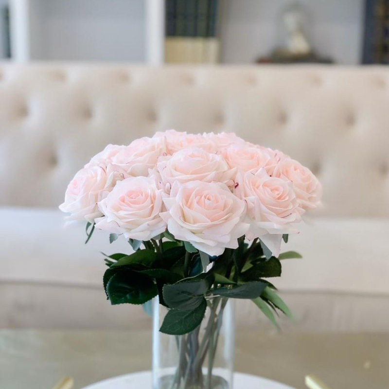 13" Medium Rose Real Touch Arrangement In Glass Vase, 13" H x 10" W x 10" D
