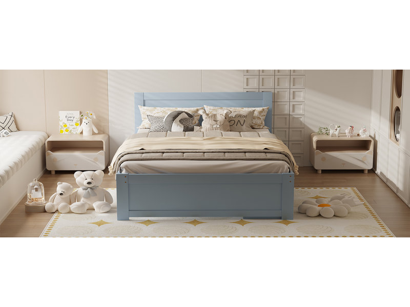 Lit plateforme double avec tiroir et deux tablettes, gris