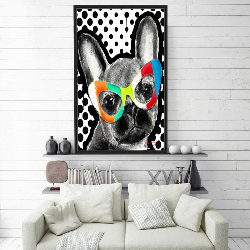Bouledogue français (vertical) par By Jodi - impression, Cadre flottant noir, H 63,5 po x l 39,5 po x P 2 po