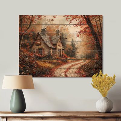 Maison de campagne dans un bois d'automne II - campagne, art mural en bois - sur bois de pin naturel