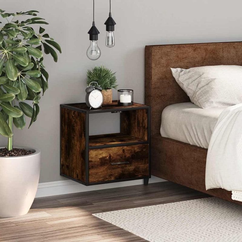 40cm W Metal Bedside Table, Smoked Oak