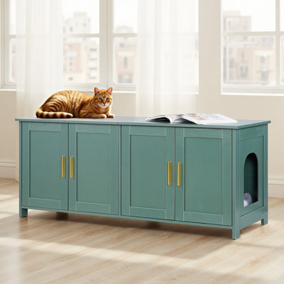Enceinte de litière pour chats multiples, armoire à litière cachée de 47,2 po avec 4 portes et 2 entrées, salle de bain pour chat d'intérieur, table d'appoint en bois pour chat, compatible avec la plupart des bacs à litière, vert