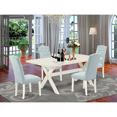 5 Piece Modern Dining Table Set Includes a Rectangle Wooden Table with X-Legs and 4 Baby Blue Linen Fabric Upholstered Chairs, Linen White
