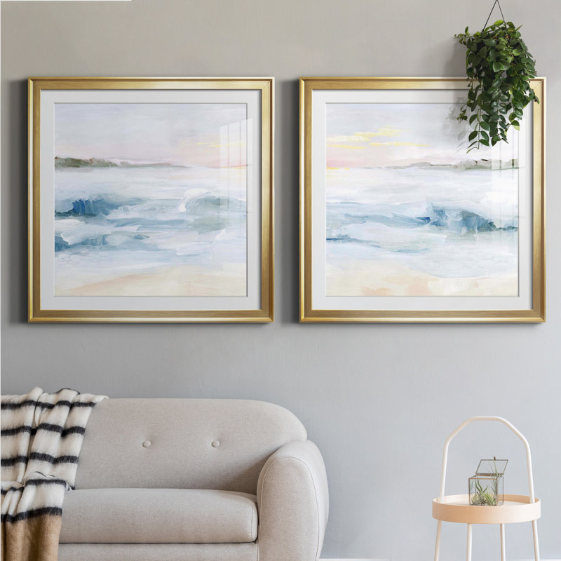 «Surf At Dawn», toile tendue avec châssis en I - prête à être accrochée, H 26,5 po x l 53 po x P 1,5 po, Papier encadré doré