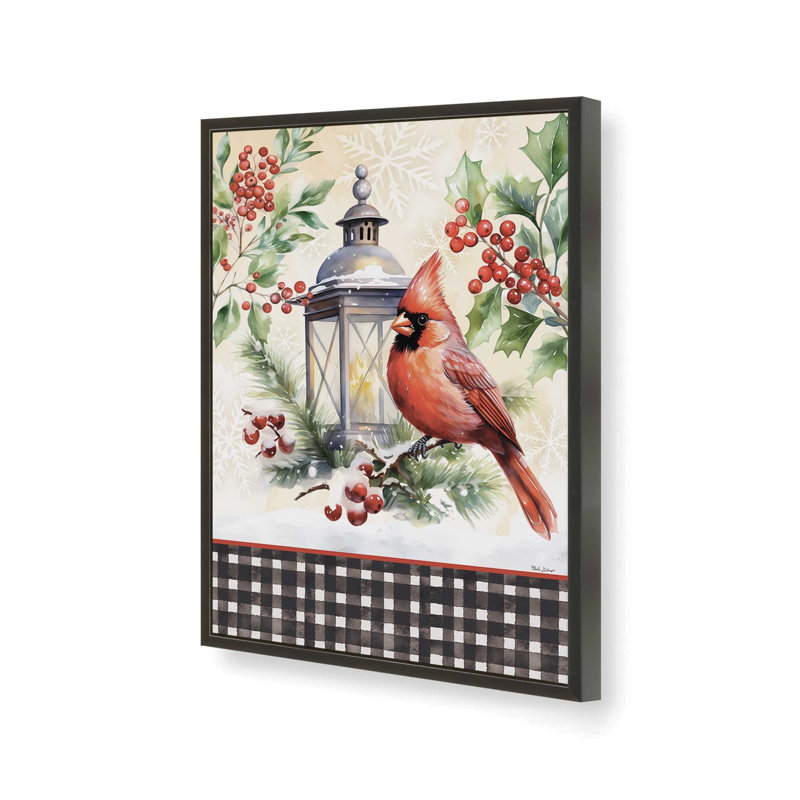 «Christmas Cardinal and Light Post» par Nicole DeCamp, reproduction d'art, L 12 po x H 16 po, Noir, Impression encadrée