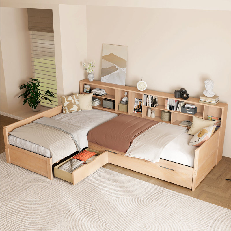 Lit de jour simple en L en forme de L avec lit gigogne sous le lit et tiroir de rangement, cadre de lit d'angle polyvalent avec bibliothèques pour 3