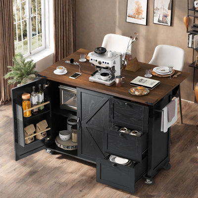 Farmhouse Kitchen Island With Power Outlet, Internal Storage Racks, Drop Leaf, Spice Rack, Towel Rack And 3 Drawers