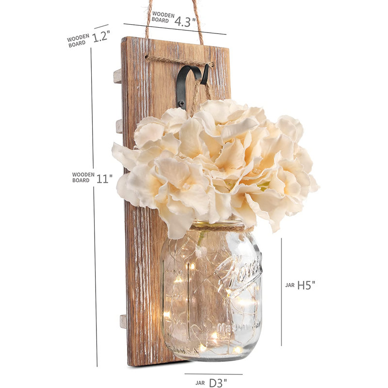 2-Pack Rustic Wall Sconces with Mason Jars, LED Lights, Flowers, Hangers, Gray