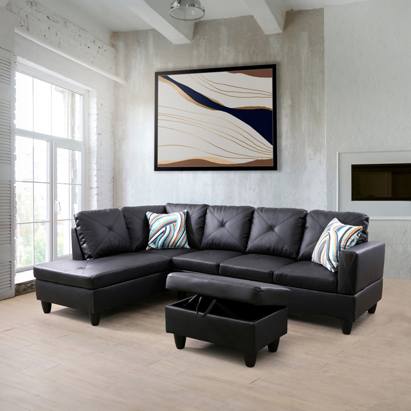 Andelina Faux Leather L-Shaped Sectional, Black Faux Leather, Left Hand Facing