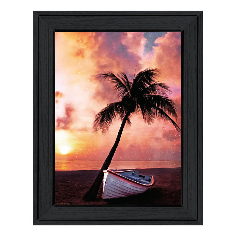 Palmier coucher de soleil noir, impression encadrée
