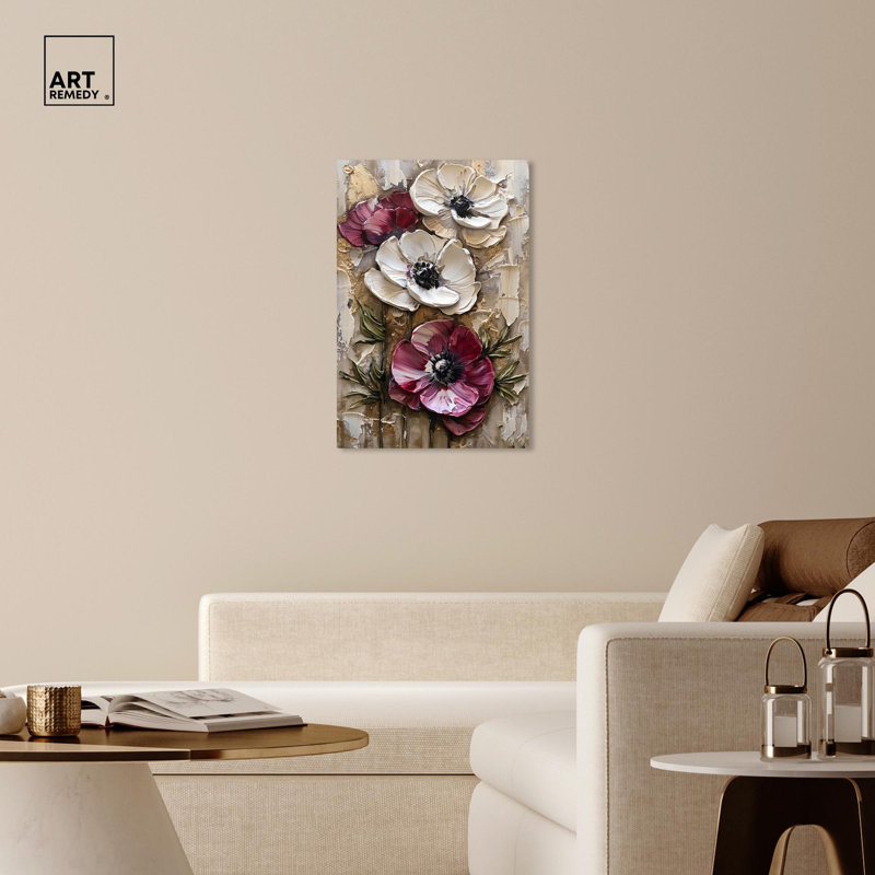 Large Beige and Red Floral Canvas Art